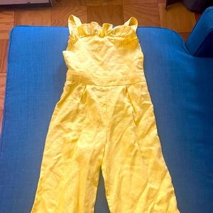 Girls Yellow Linen Jumper with back out.